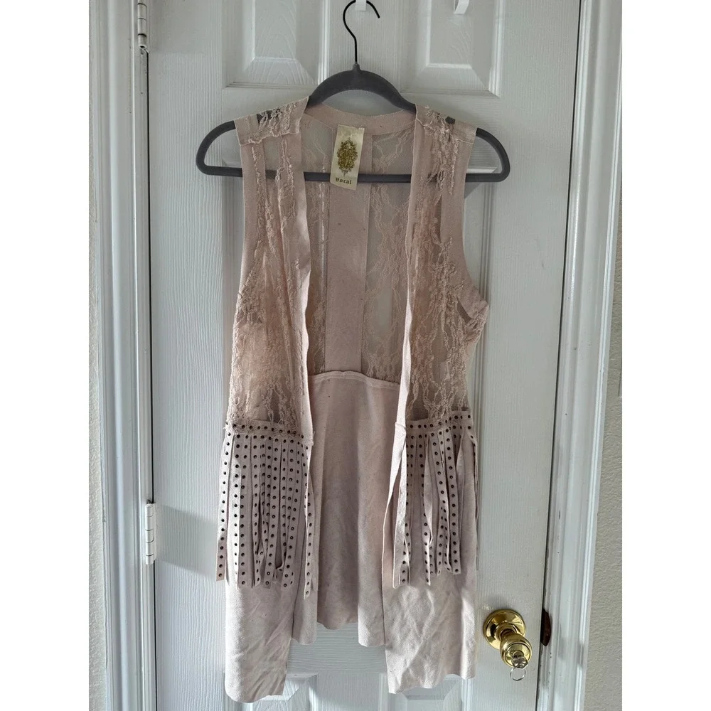 Vocal Boho Lace Fringe‎ Studded Vest Tan Neutral Layering Piece Medium